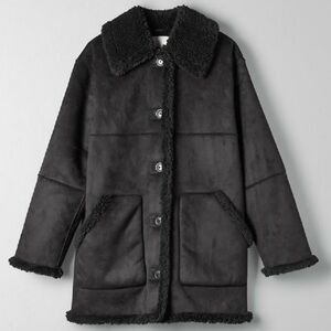 Wilfred Free Aritzia Catrina Sherpa Button Front Black Coat Jacket Suede Sz XXS